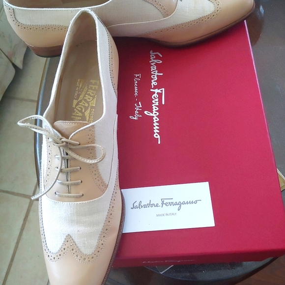 FINAL DEAL WOW! SALVATORE FERRAGAMO 9 4A CAMEL TAN CREAM WINGTIP OXFORD SHOES - Picture 8 of 12